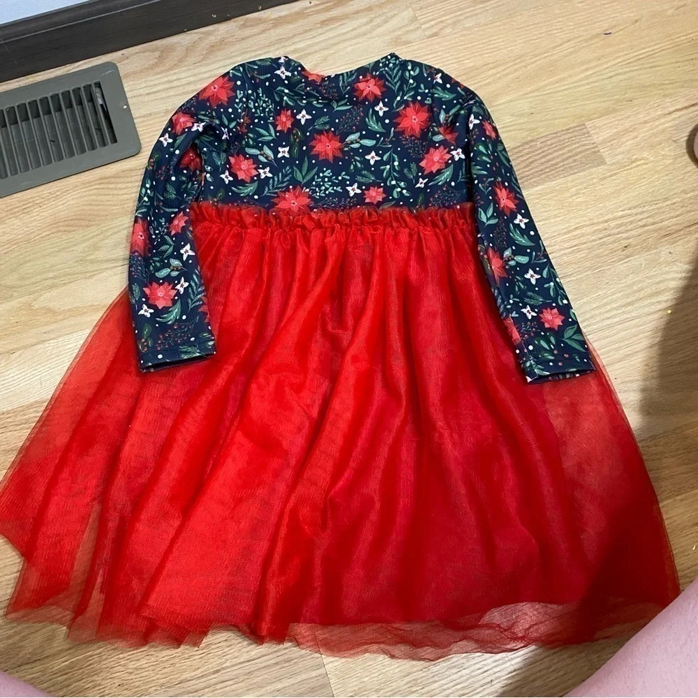 Winter Tulle Dress Sz 4 Girls Christmas Red Green Poinsettia Long Sleeve Kids